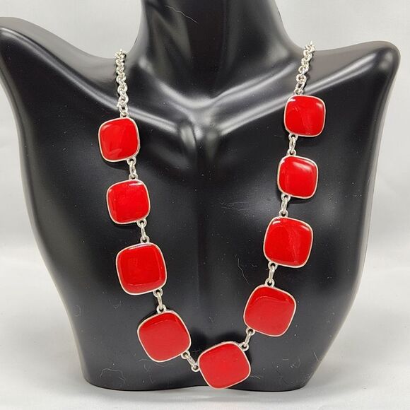 💜Red & Silver Plated Square Necklace & Dangling Earrings - Picture 3 of 16